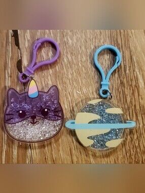 Purple Cat Unicorn & Blue Planet Glitter Keychain Set